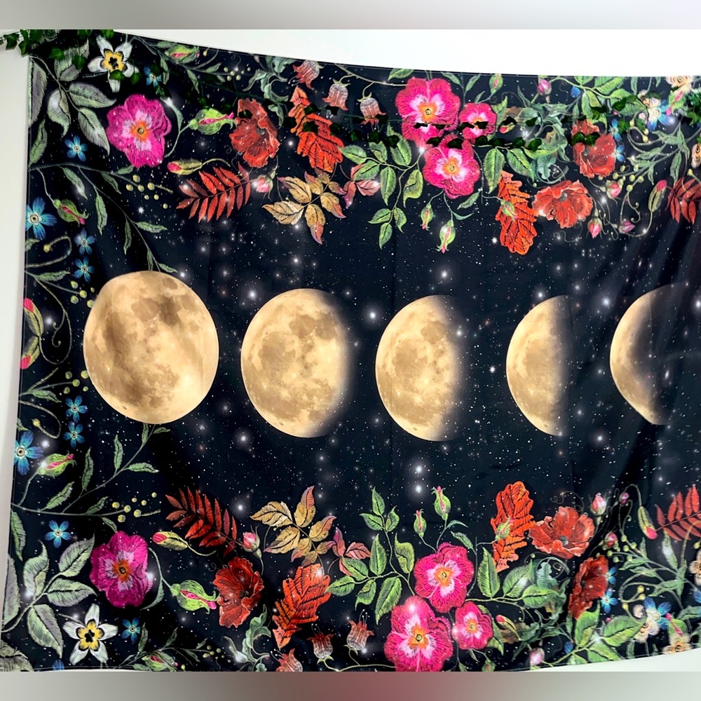 MOON PHASE FLORAL VINE BOTANICAL  WALL TAPESTRY ~ 70 X 60